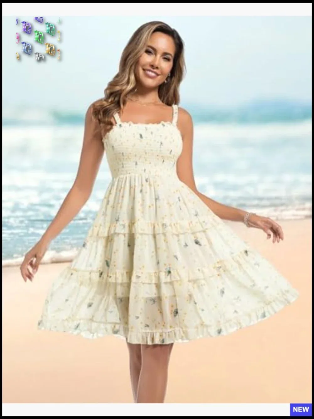 Summer Floral Square Neck Swing Dress A-Line Beach Elegant Chic - Picture 2 of 7